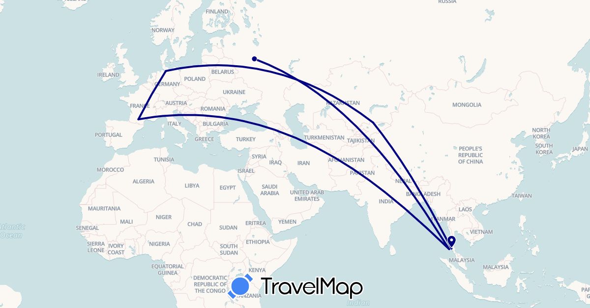 TravelMap itinerary: driving in Germany, France, Kyrgyzstan, Russia, Thailand (Asia, Europe)